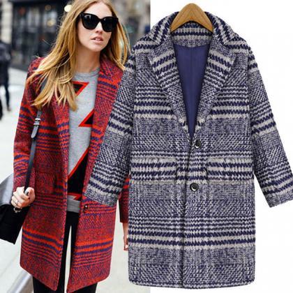Plaid Long-sleeve Notched Button Coat