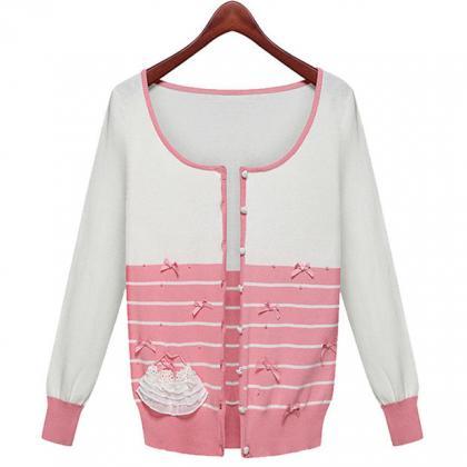 Pink And White Stripe Button Sweater