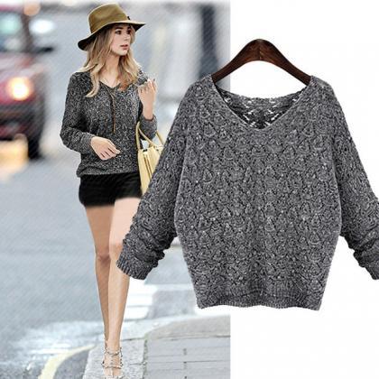 Fashion Style Crochet Grey V-neck Long-sleeve..