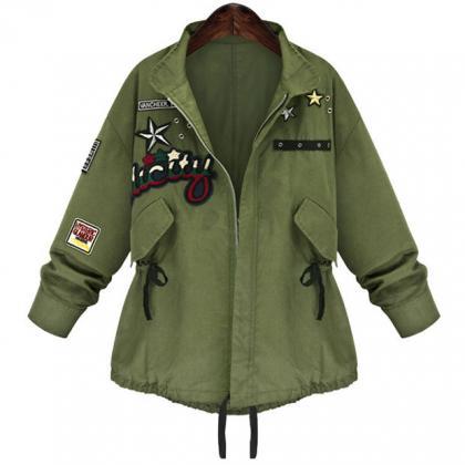 Army Green Embroidred Long-sleeve Button Shirt..