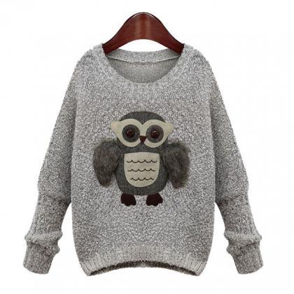 Fashion Round Neck Fur Owl Embroidered Knitted..