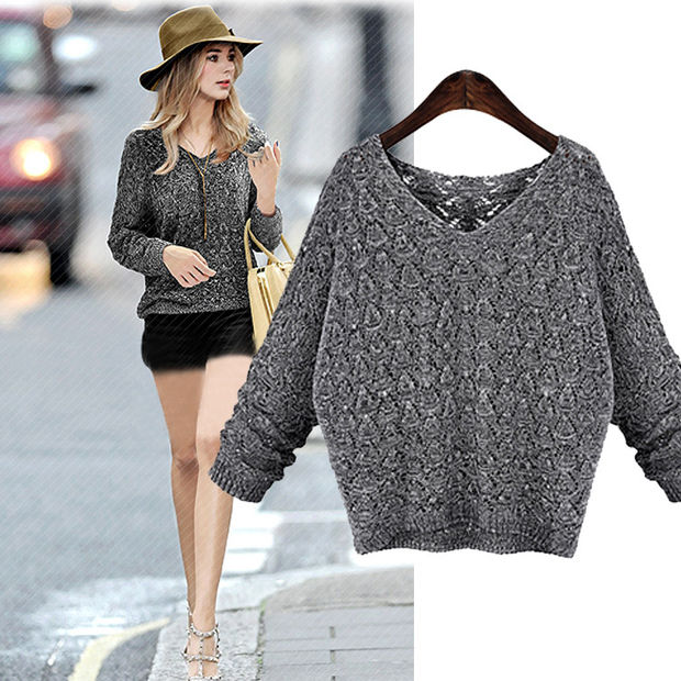 Fashion Style Crochet Grey V-neck Long-sleeve Knitted Sweater For Female