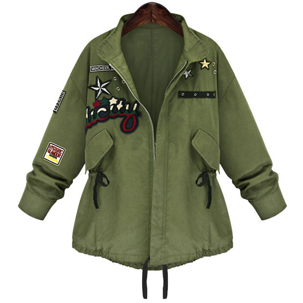 Army Green Embroidred Long-sleeve Button Shirt With Pocket Loose Jacket