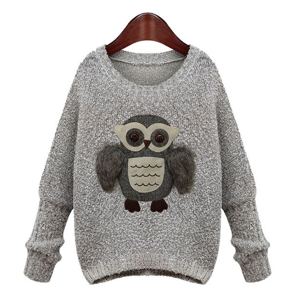 Fashion Round Neck Fur Owl Embroidered Knitted Sweater