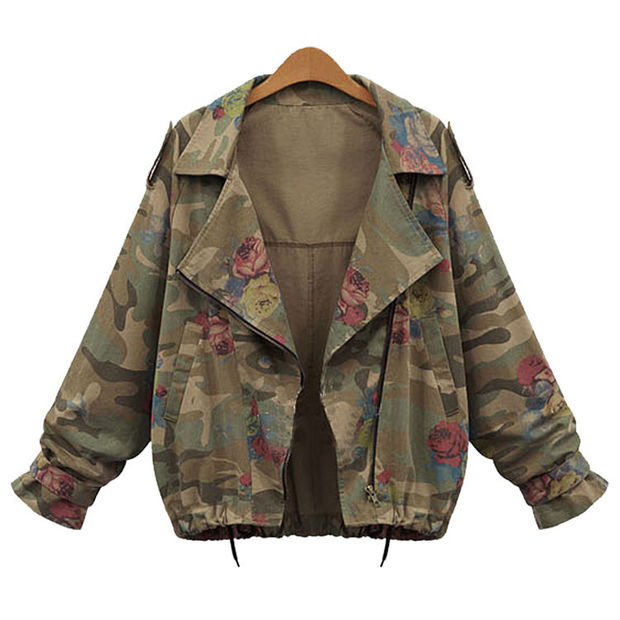 Fashion Camouflage Long-sleeve Notched Jacket With Printed Rose
